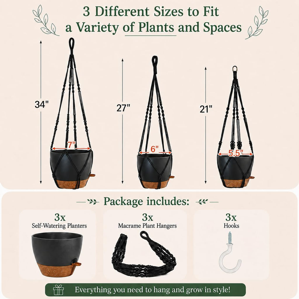 Bouqlife 3 Pack Self Watering Hanging Planters Macrame Plant Hangers with Indoor Flower Pots, 3 Different Size Hanging Basket, Plant Hanger with Hooks for Garden Home Decor Black