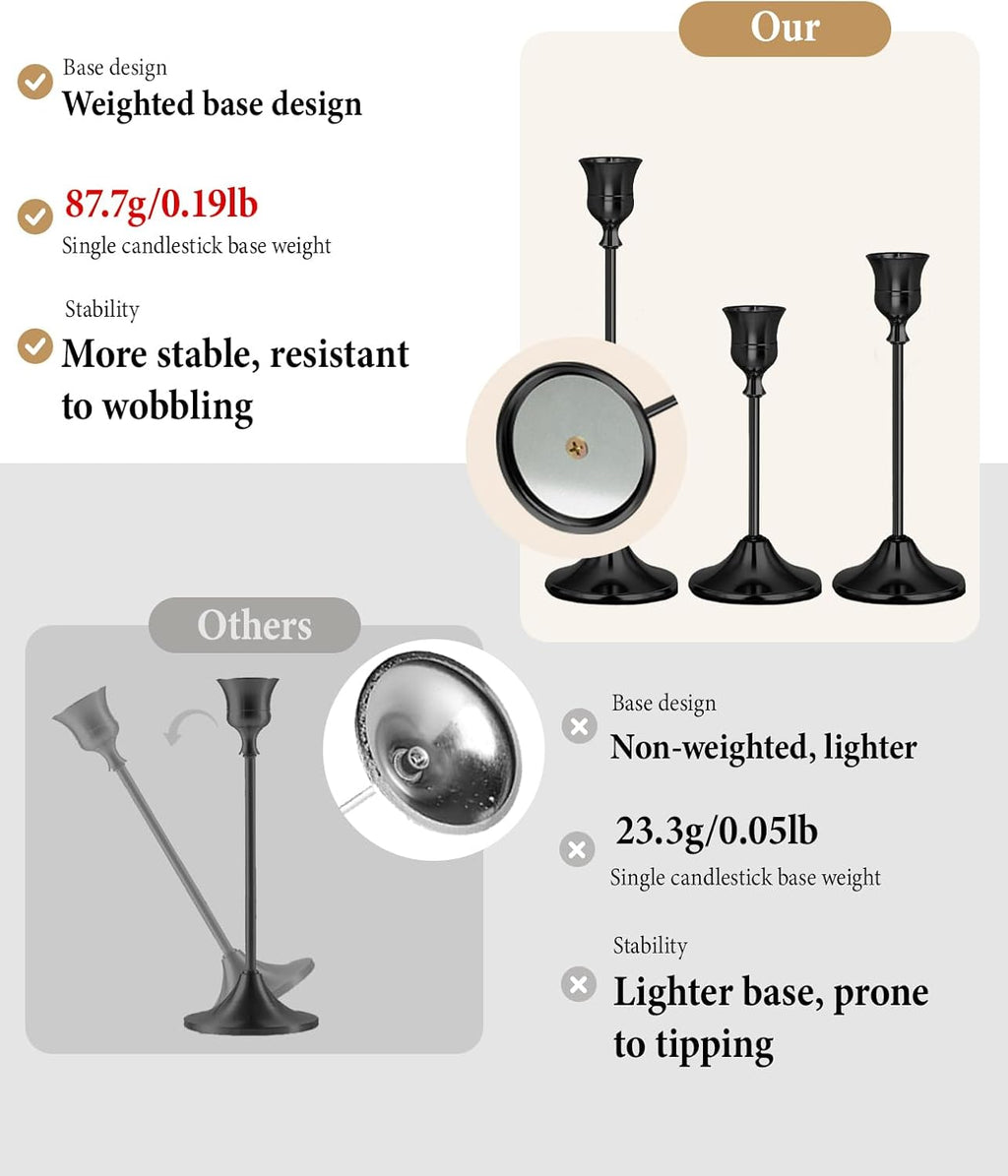 Black Candlestick Holders Set of 3 Weighted Stable Base