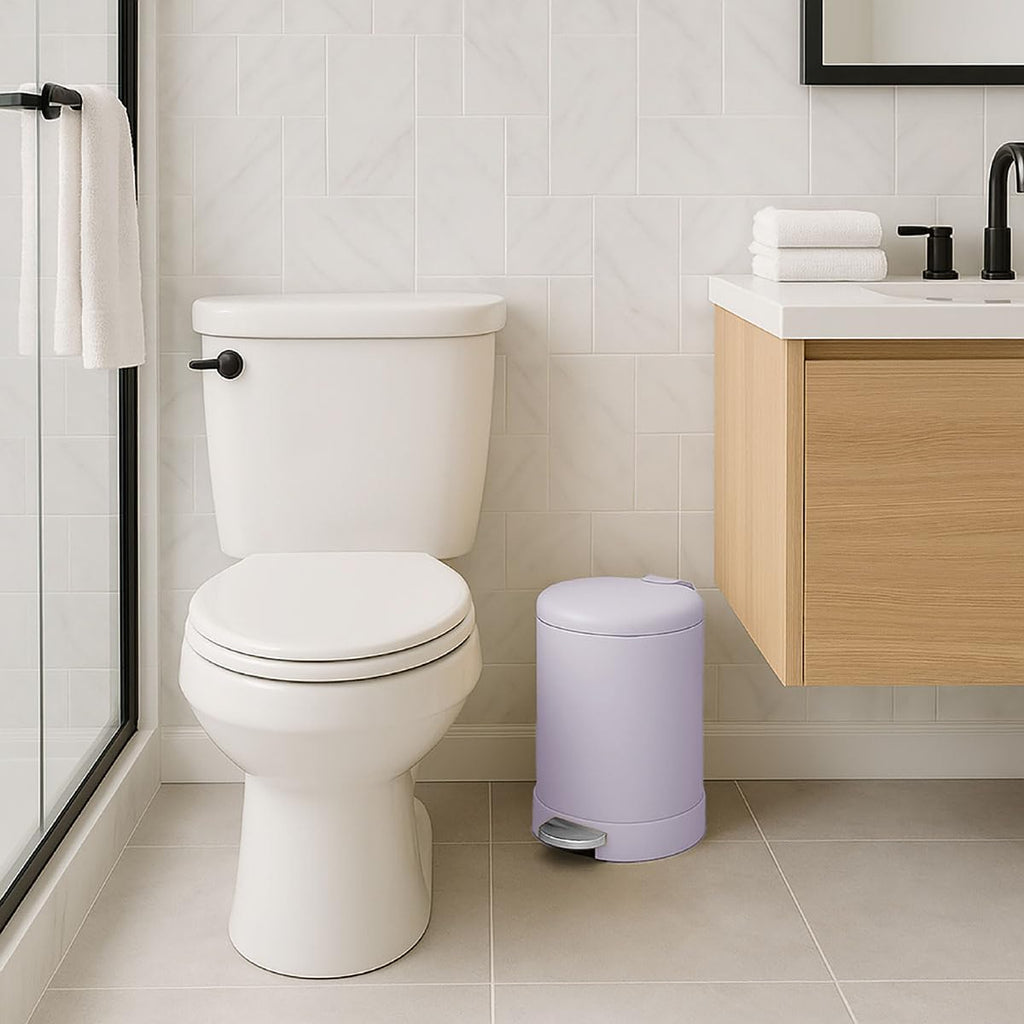Glad Small Trash Can, 1.2 Gallon | Round Stainless Steel Garbage Bin with Soft Close Lid & Step Foot Pedal | Metal Waste Basket with Removable Inner Bucket, Lavender