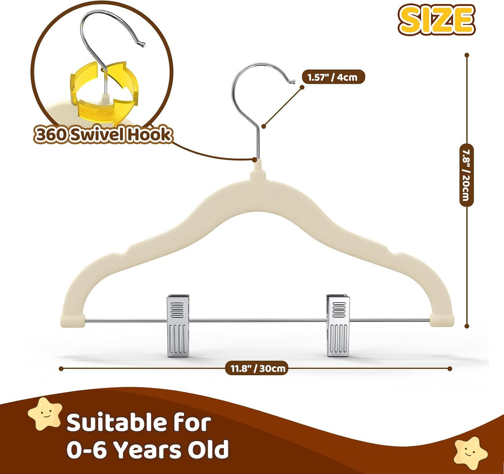Flottian 36-Pack Baby and Kids Velvet Hangers with Clips, Non Slip and Space-Saving Kids Pants Hangers for Baby/Toddler Pants, Skirts, Coats, Beige