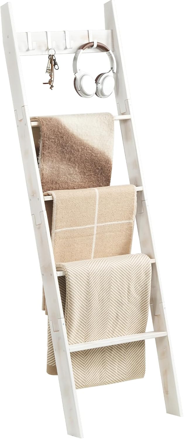 HOOBRO Blanket Ladder for Living Room and Bedroom, 5-Tier Wall Leaning Towel Rack for Bathroom, Decorative Ladder Shelf with 4 Removable Hooks, Farmhouse Blanket Storage, White WW51CJ01G1