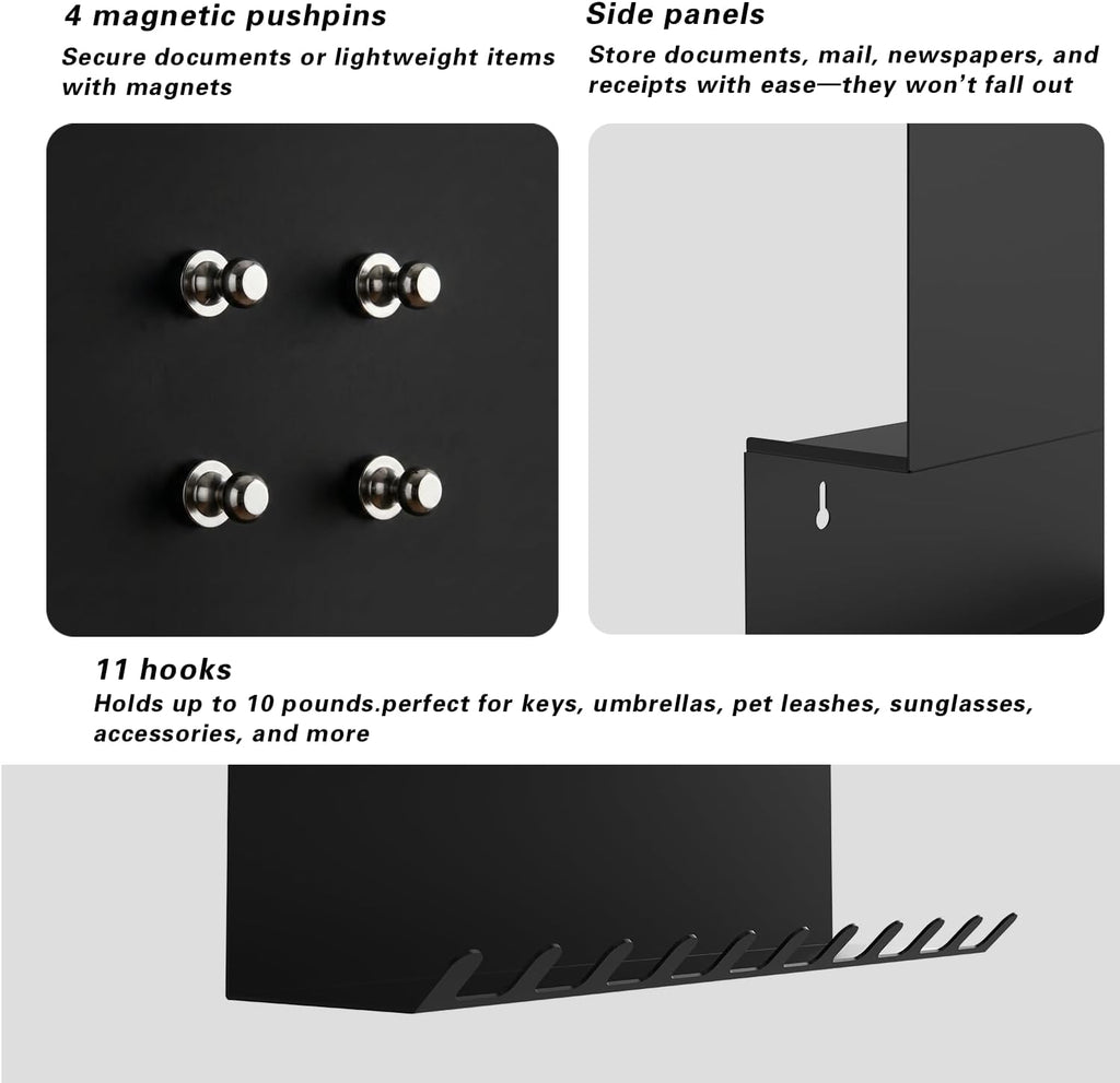 Key Holder Wall Mount,Mail Organizer with Hidden Storage,Minimalist Black