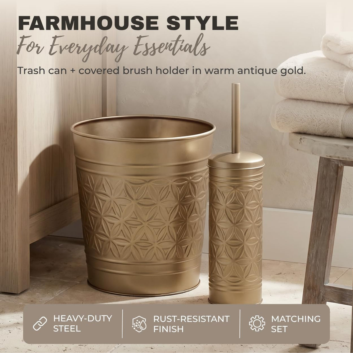 Autumn Alley Farmhouse Antique Gold Bathroom Accessories Set – Includes Gold Bathroom Trash Can & Toilet Brush with Holder, Handcrafted Modern Waste Bin & Standing Toilet Brush, Embossed Metal Décor