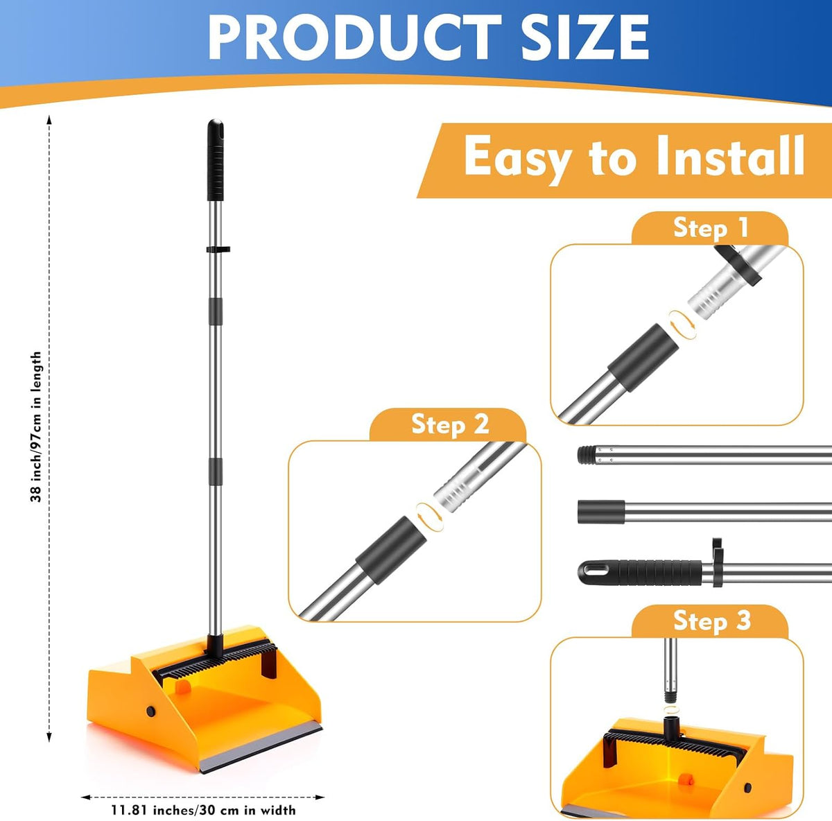 Didaey 3 Pcs Commercial Dustpan with Comb 38” Long Handle Upright Heavy Duty Dust Pan Outdoor Indoor for Courtyards Garages Lobby Mall Market Market Floors Office Pet Hair Rubbish Cleaning (Yellow)