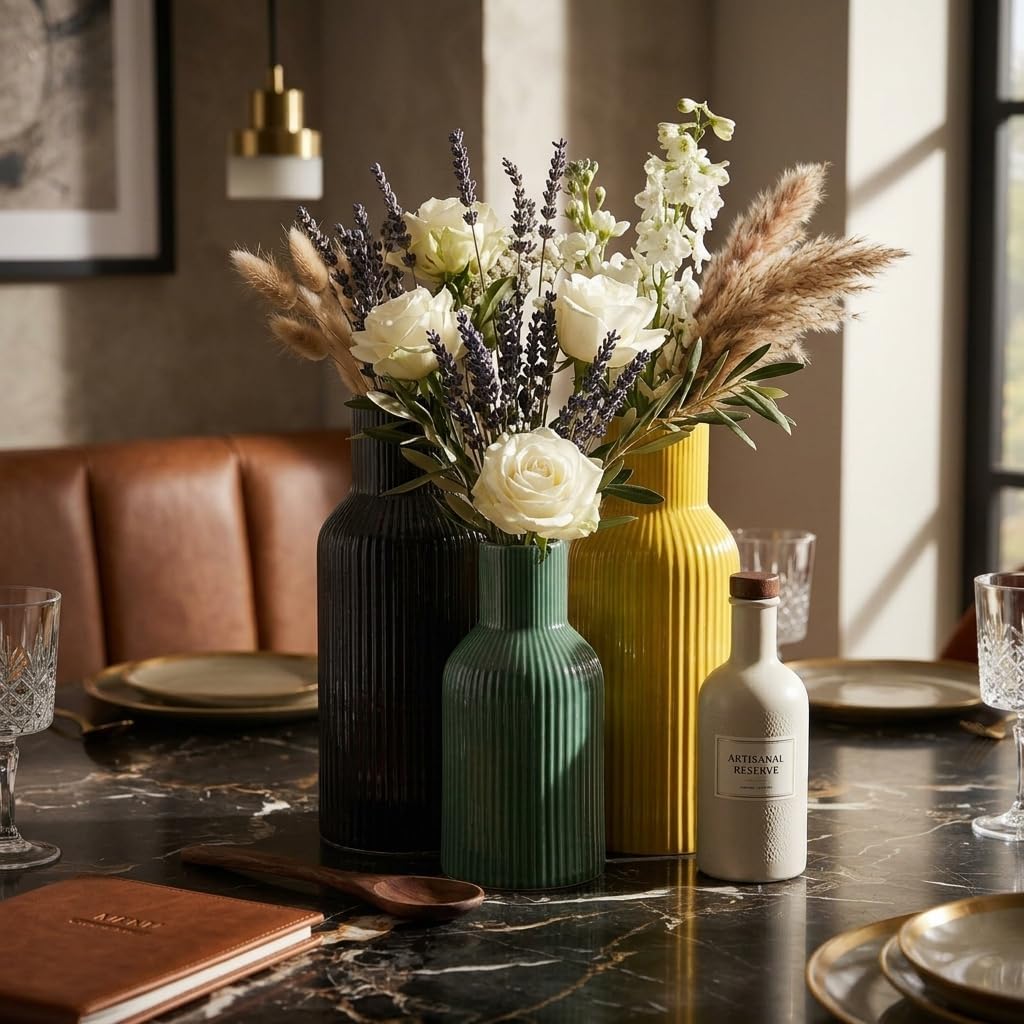 Colorful Ceramic Vases Set of 3,Smooth Vertical Ribbed, Minimalist for Pampas Dried & Fresh Flowers, Centerpiece for Living Room, Shelf, Entryway, Wedding (Black, Deep Green,Yellow)