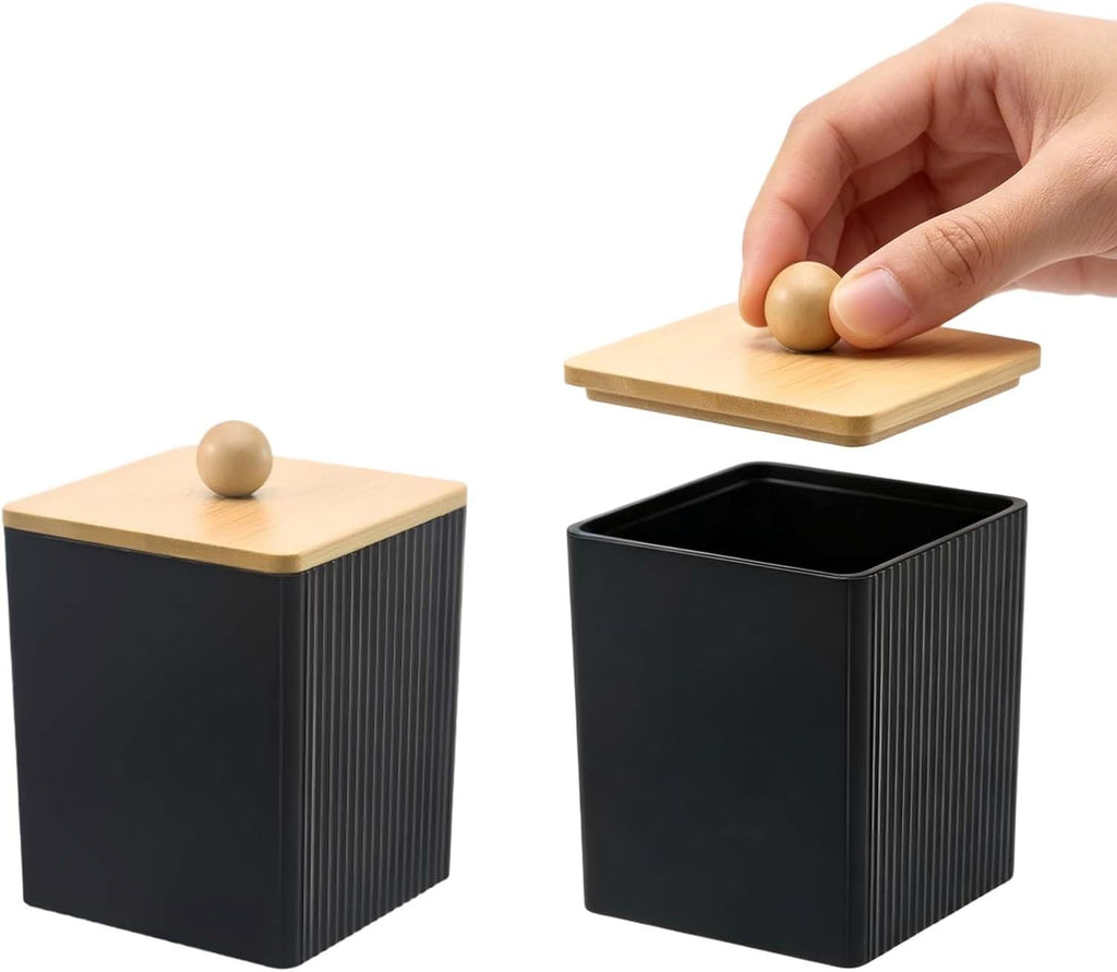 Cotton Round Holder 2Pcs Qtip Container with Lid, 3.77×3.14×3.14 Inches Black Acrylic Square Cotton Swab Holder with Bamboo Lid for Cottons Balls Swabs Floss Picks Canisters