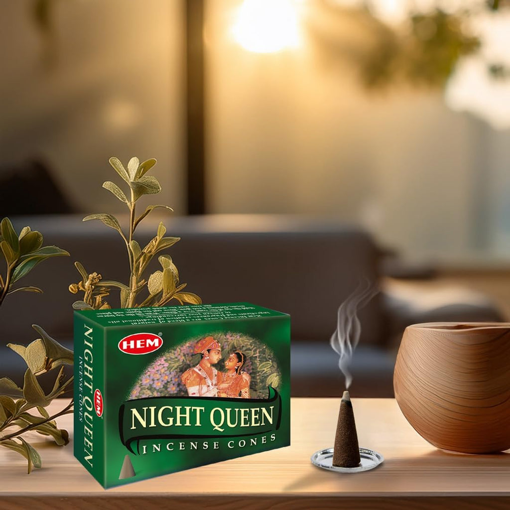 Hem Night Queen Incense Cones – Case of 12 Boxes (10 Cones Each) | Exotic Floral Aroma for Calmness, Positivity & Romance | Handcrafted Natural Cones for Meditation, Relaxation & Home Fragrance