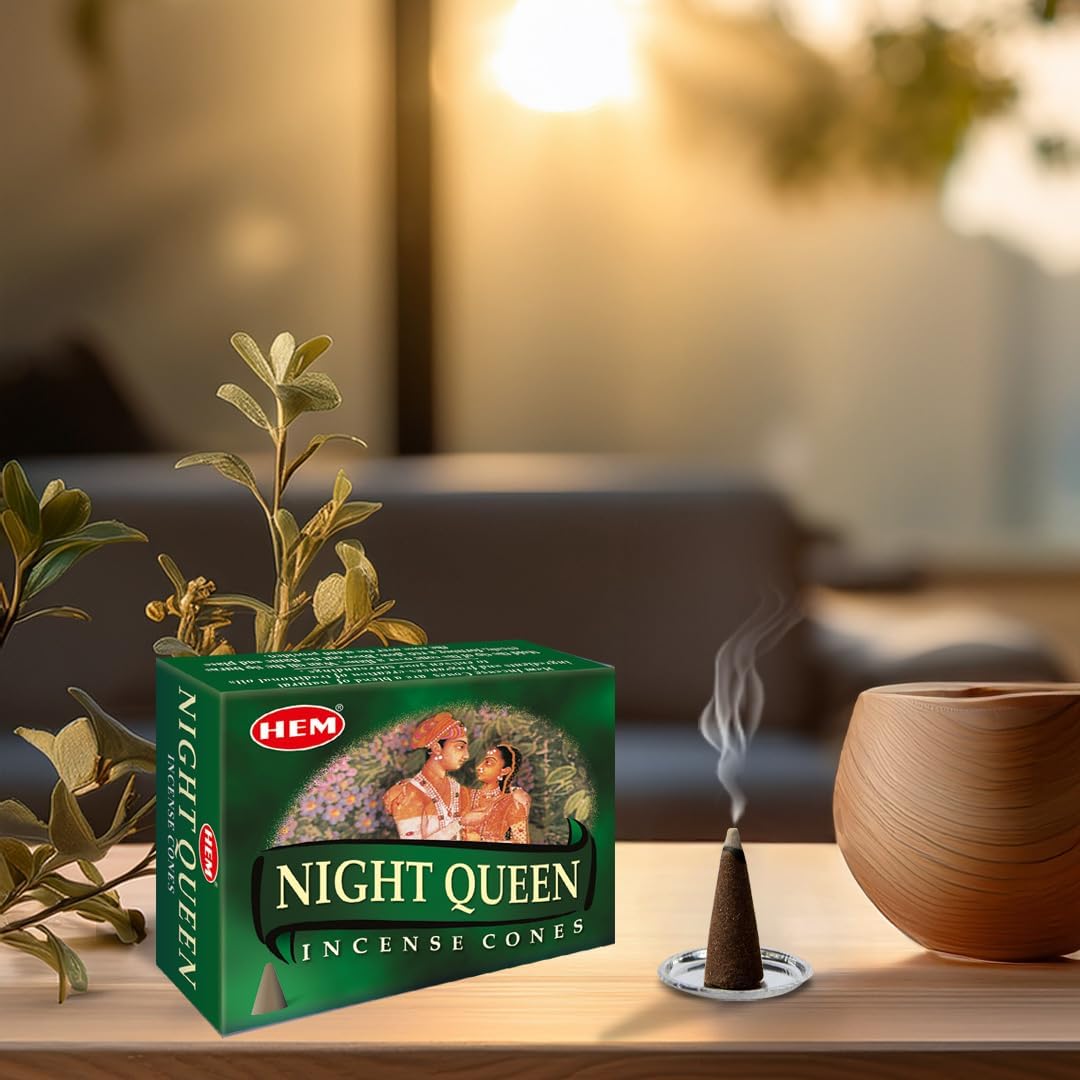 Hem Night Queen Incense Cones – Case of 12 Boxes (10 Cones Each) | Exotic Floral Aroma for Calmness, Positivity & Romance | Handcrafted Natural Cones for Meditation, Relaxation & Home Fragrance