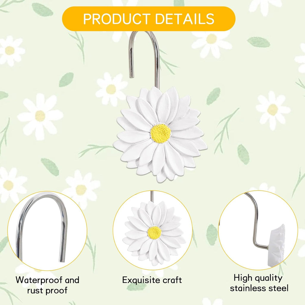 12-Piece White Flowers Daisy Floral Shower Curtain Hooks for Bathroom