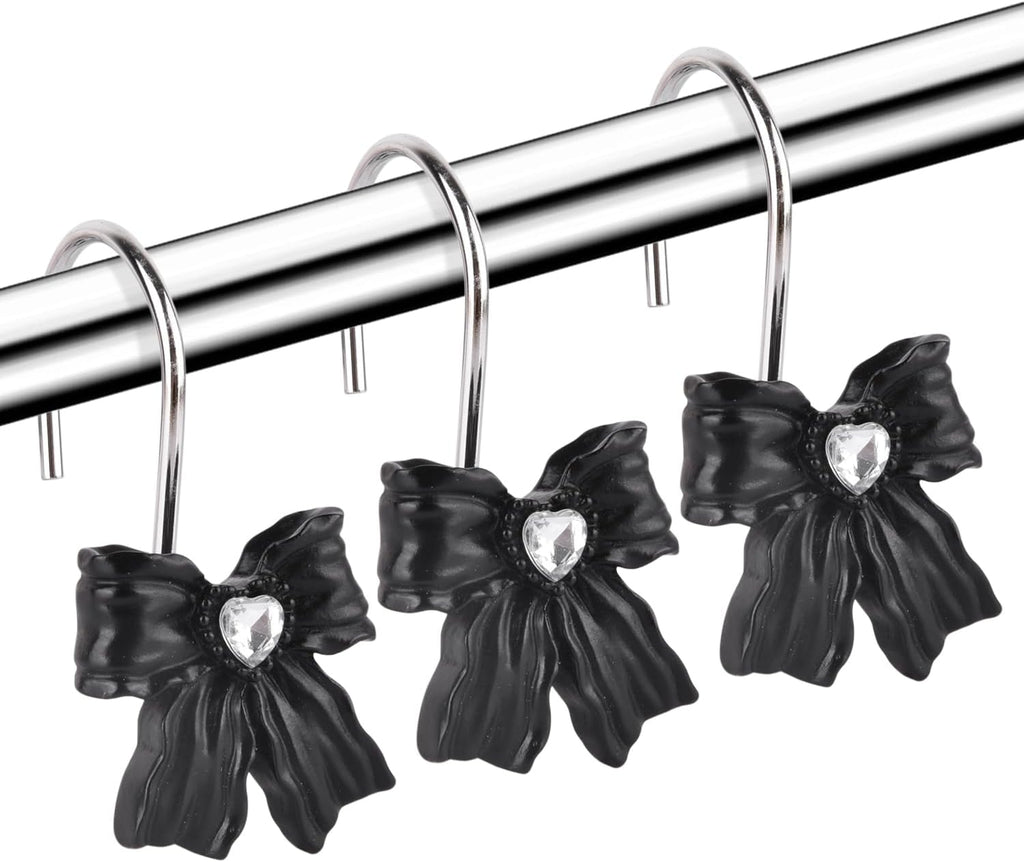 12PCS Shower Curtain Hooks Rings,Black Bow Resin Curtain Hooks Shower Rings for Bathroom Baby Room Nursery Art Decors