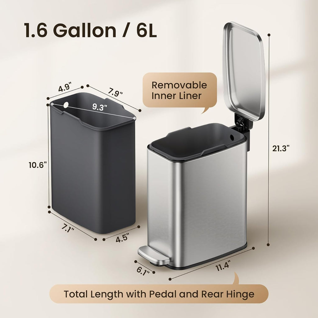 Cesun Slim Bathroom Trash Can with Lid, Soft Close, Silver, 6L/1.6 Gallon