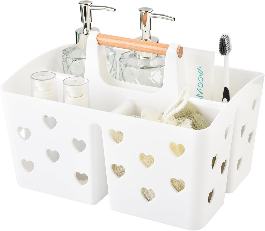 White Portable Shower Caddy, Plastic Basket Organizer with Wooden Handle