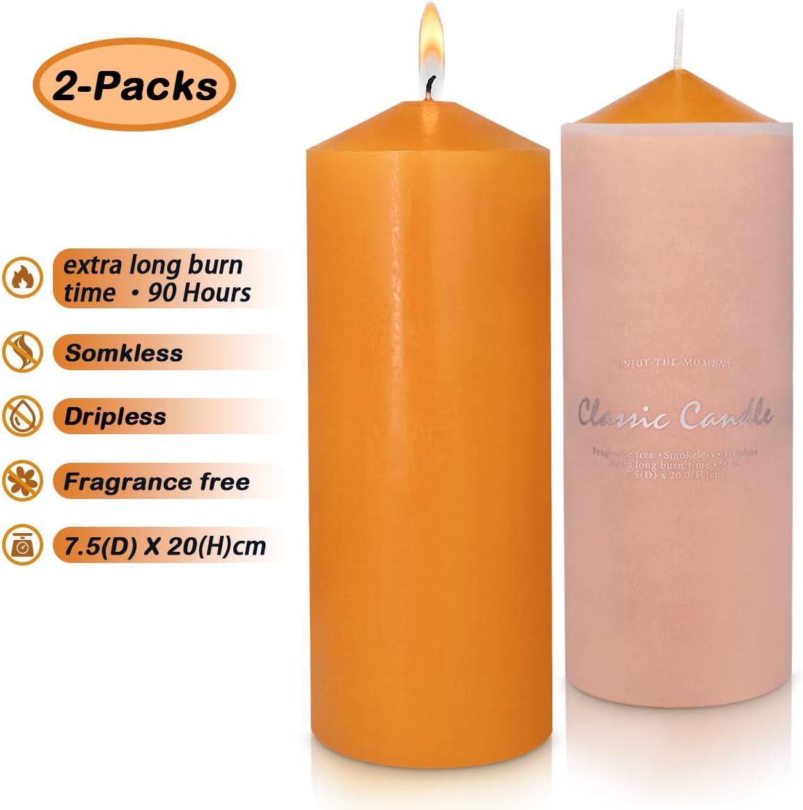 Pillar Candles Set of 2, 3x8 inches Unscented Large Orange Candle,Tall Candles Bulk, Home Wedding Decor Candles