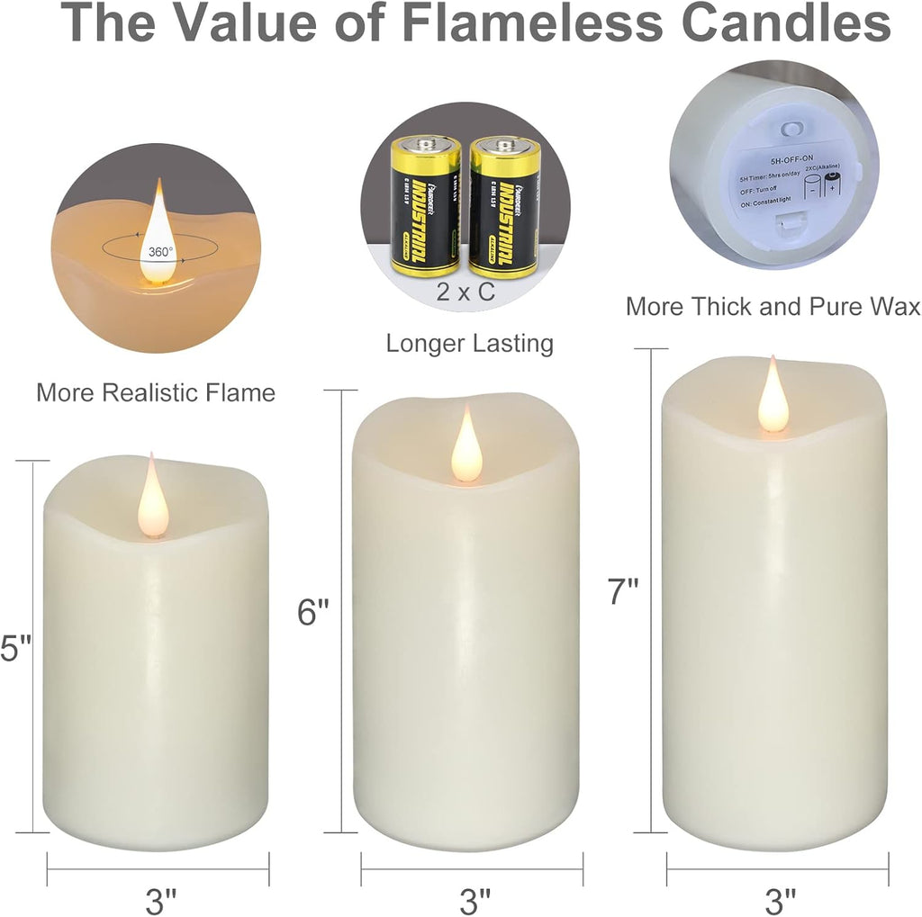 TECHLONG Flickering Flameless Candles with 3D Moving Flame Set of 3(H 5" 6" 7" x D 3"), Last 1000+ Hours Battery Operated Candles with Remote Timer, Ivory Real Wax Electric LED Pillar Candles