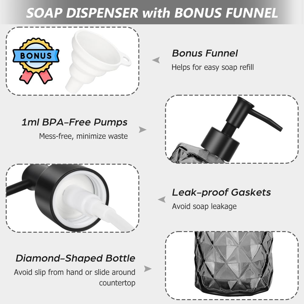 4pcs Black Glass Soap Dispenser Set, 11oz/330ml Diamond Hand Soap Dispenser