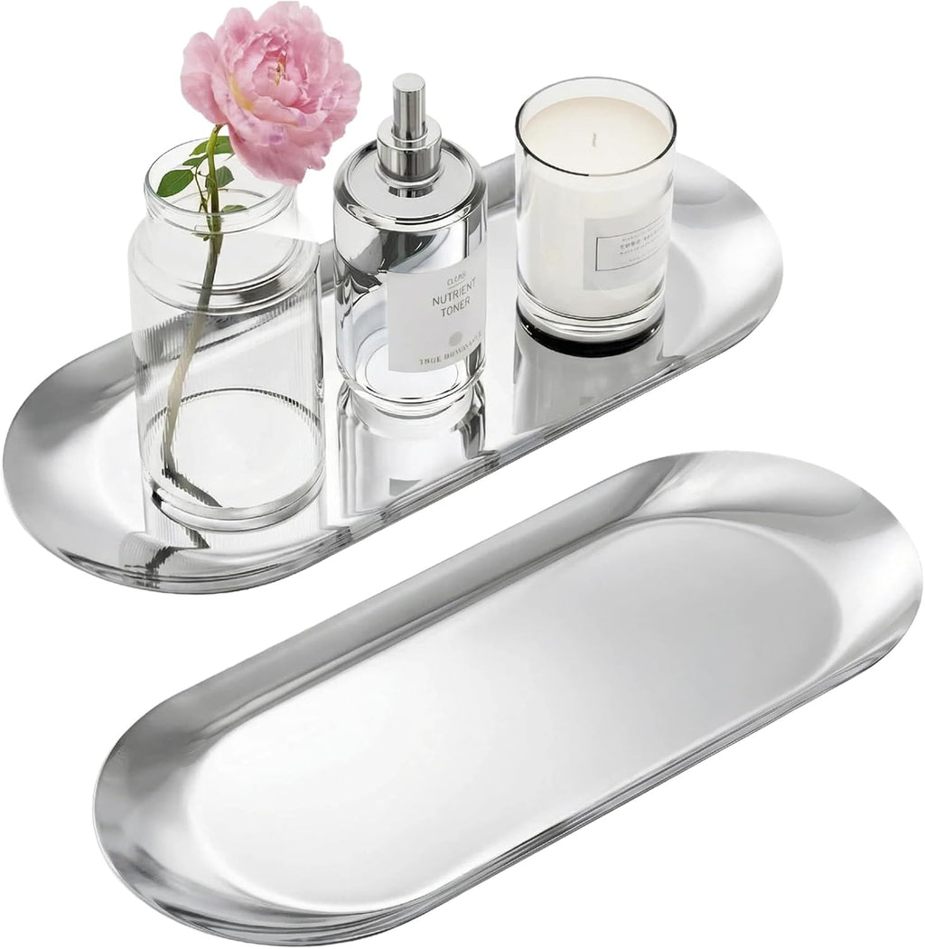 Silver Decorative Tray, 2 PCS Bathroom Vanity Tray for Dresser Counter, Elegant Jewelry Dish Tray for Decor, Silver Platter Serving Tray Organizer for Perfume Trinket Key Candle, Stainless Steel, Oval