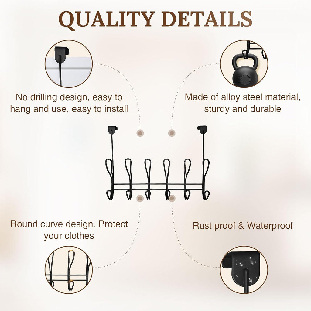Twisted Design Over The Door Hook Rack With 12 Hooks - Towel, Coat Hanger for Bathroom, Bedroom or Laundry Room (Black)