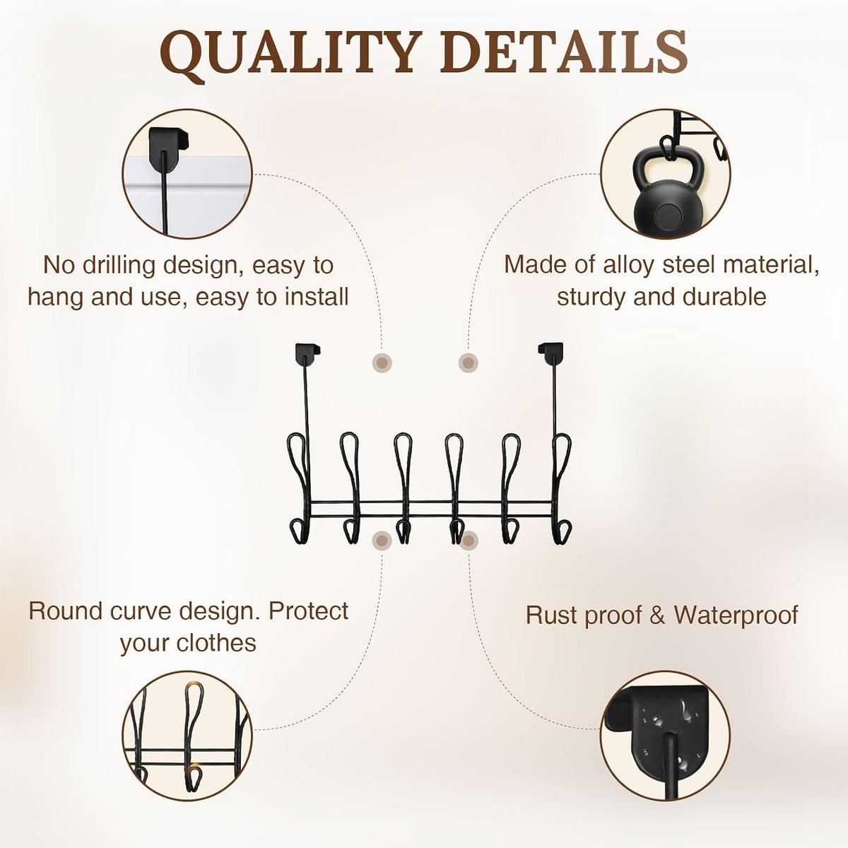 Twisted Design Over The Door Hook Rack With 12 Hooks - Towel, Coat Hanger for Bathroom, Bedroom or Laundry Room (Black)
