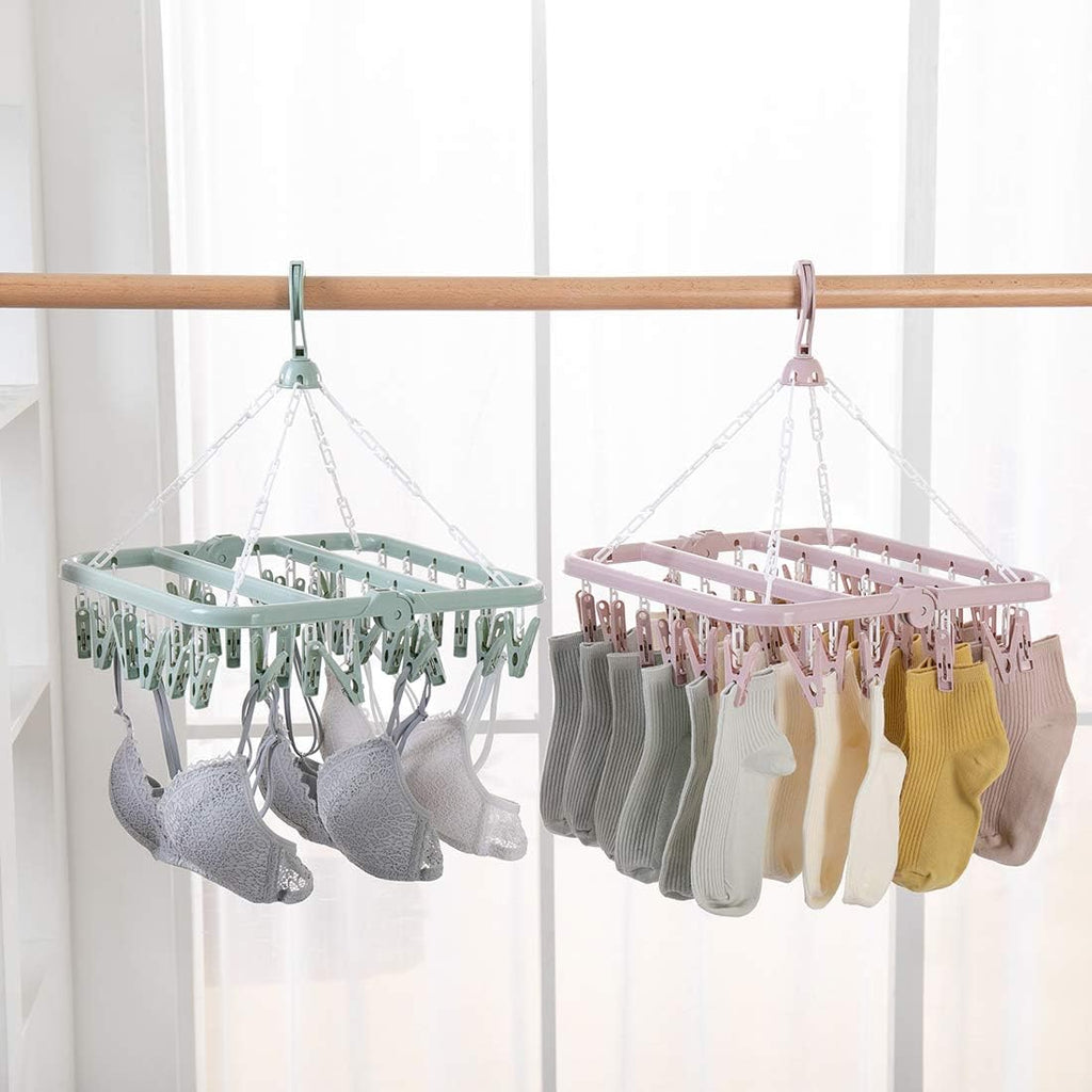 Laundry Hangers with 32 Clips,Clothespin Rack Foldable Laundry Drying Rack Drip Hanger for Drying Socks,Bras,Towel,Underwear,Hat,Scarf,Pants,Baby Clothes,Cloth Diapers,Gloves (Light Blue)