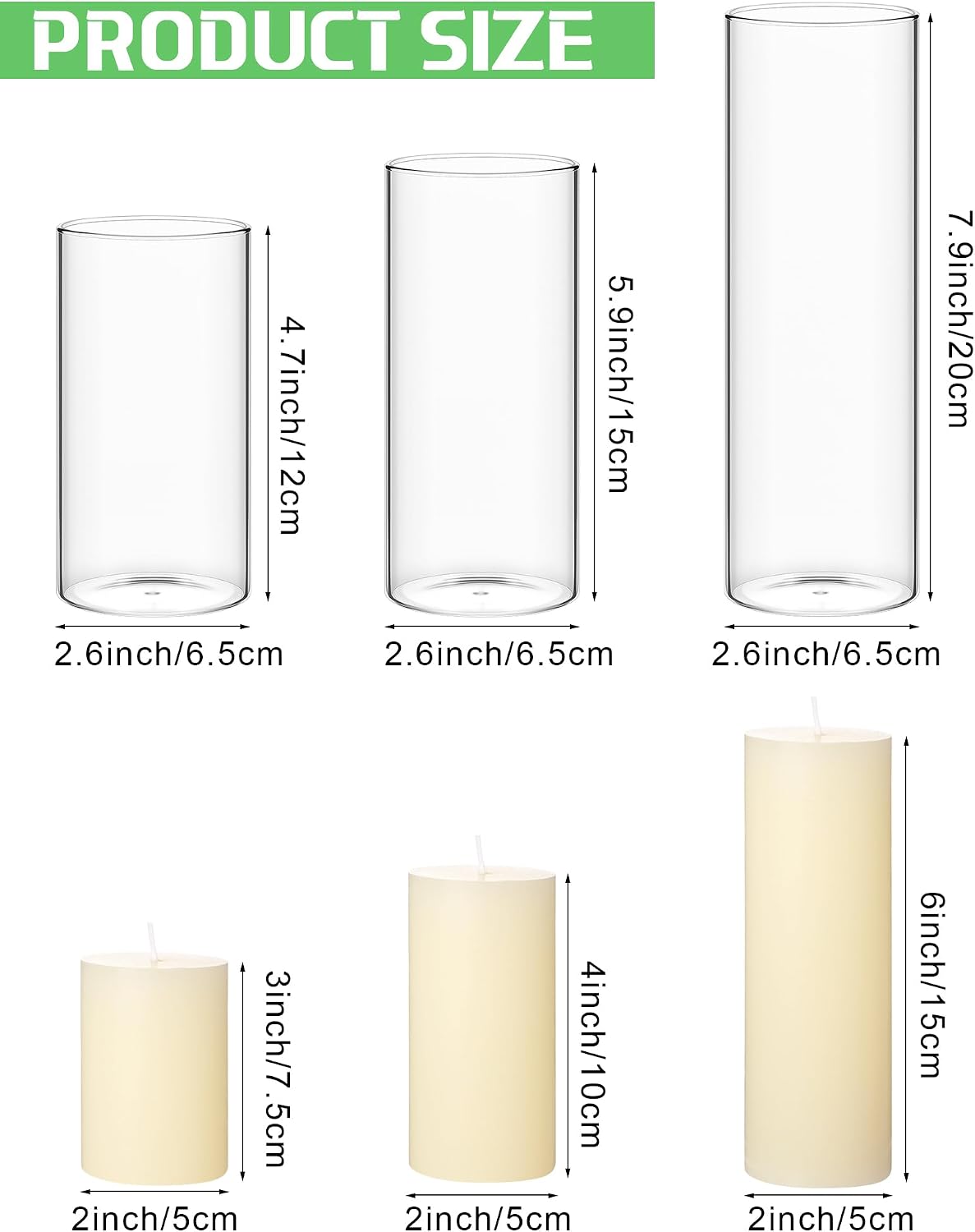 Shihanee 12 Pillar Candles W Vases,2.6''x 4.7'', 5.9'', 7.9'',Ivory White