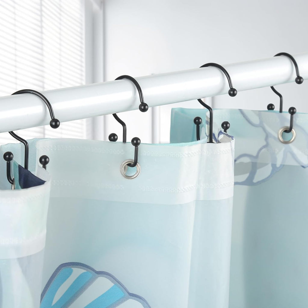 Goowin Shower Curtain Hooks, 12 Pcs Shower Curtain Rings, Durable Rust Proof Black Shower Curtain Hooks, Shower Rings for Curtain, Double Glide Shower Hooks for Shower Curtain Rods, Black
