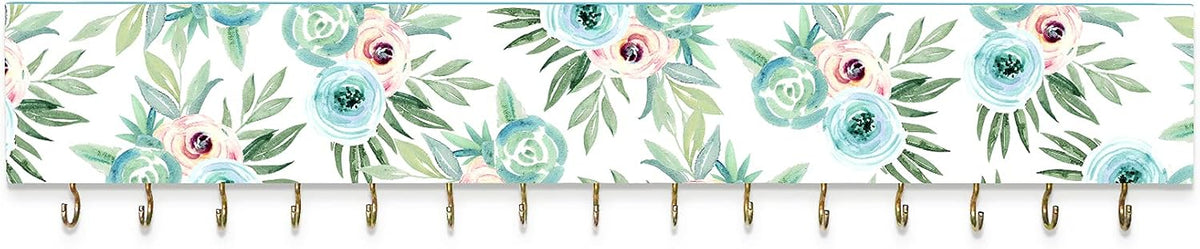 SANY DAYO HOME Wall Mounted Necklace Holder 16 x 3 inches Wood Hanging Jewelry Organizer with 15 Hooks for Necklaces, Girl Hair Bows, Bracelets - Elegant Rose