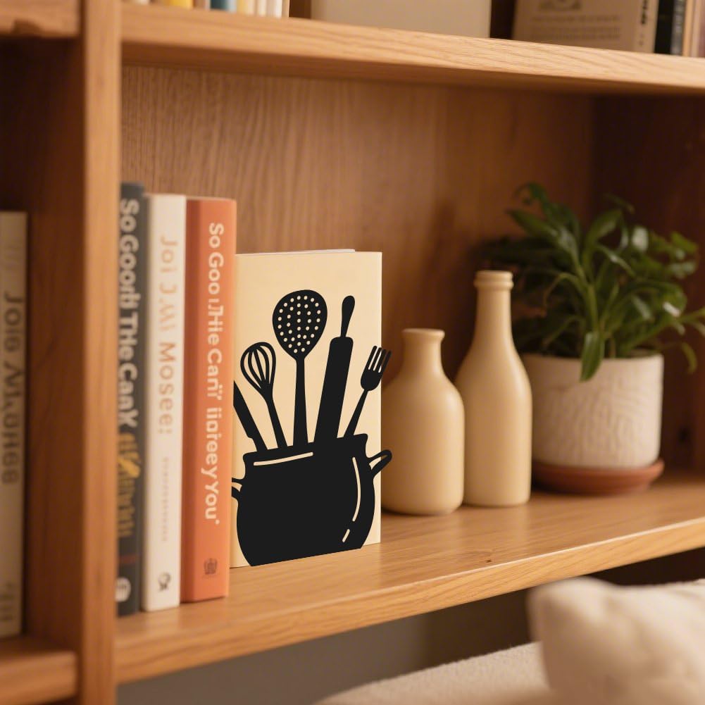 2pcs Large Kitchen Book Ends Spoon Decorative Cookbook Metal Bookends with Non-Slip Mat Cookbook Storage Books Stoppers Gift for Birthday(Black) Back to School