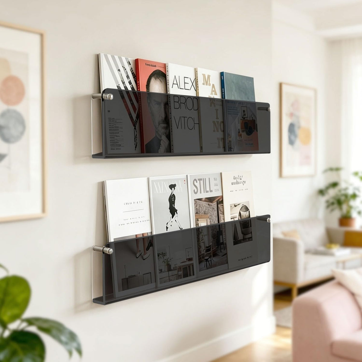 2-Pack 17" Black Acrylic Wall Mount Magazine Holder Rack Floating Shelf