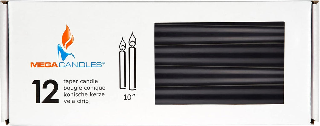 Mega Candles 12 pcs Unscented Black Taper Candles, Hand Poured Wax Candle 10 Inch x 7/8 Inch, Home Décor, Wedding Receptions, Centerpieces, Occasions, Romantic Dinners, Prayer, Candle Holders