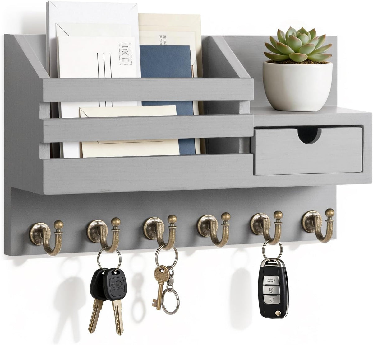 FifthQuarter Key Holder for Wall with Drawer and 6 Sturdy Hooks, A-Grey
