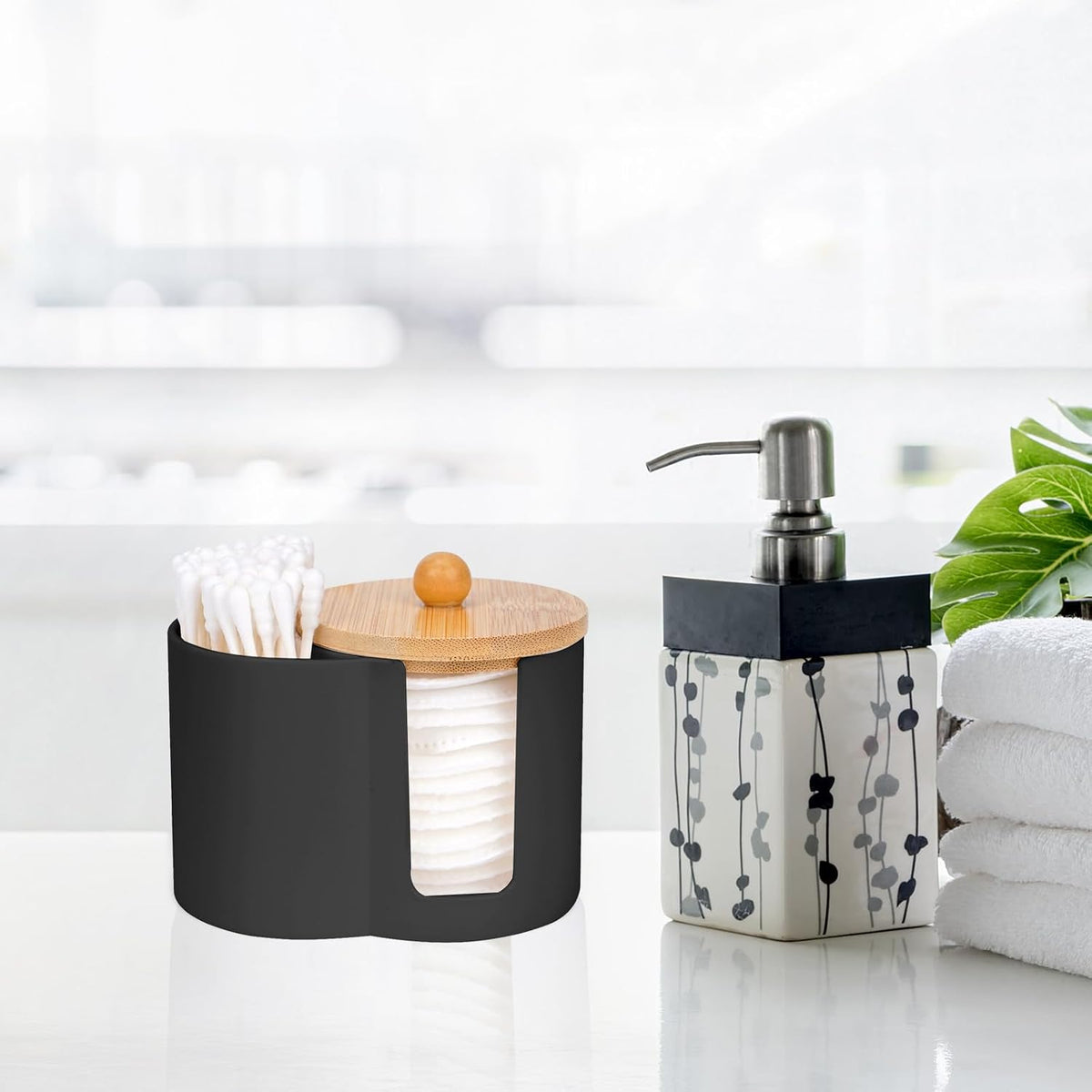 Adorila Compact Cotton Pad & Swab Holder with Bamboo Lid, Black