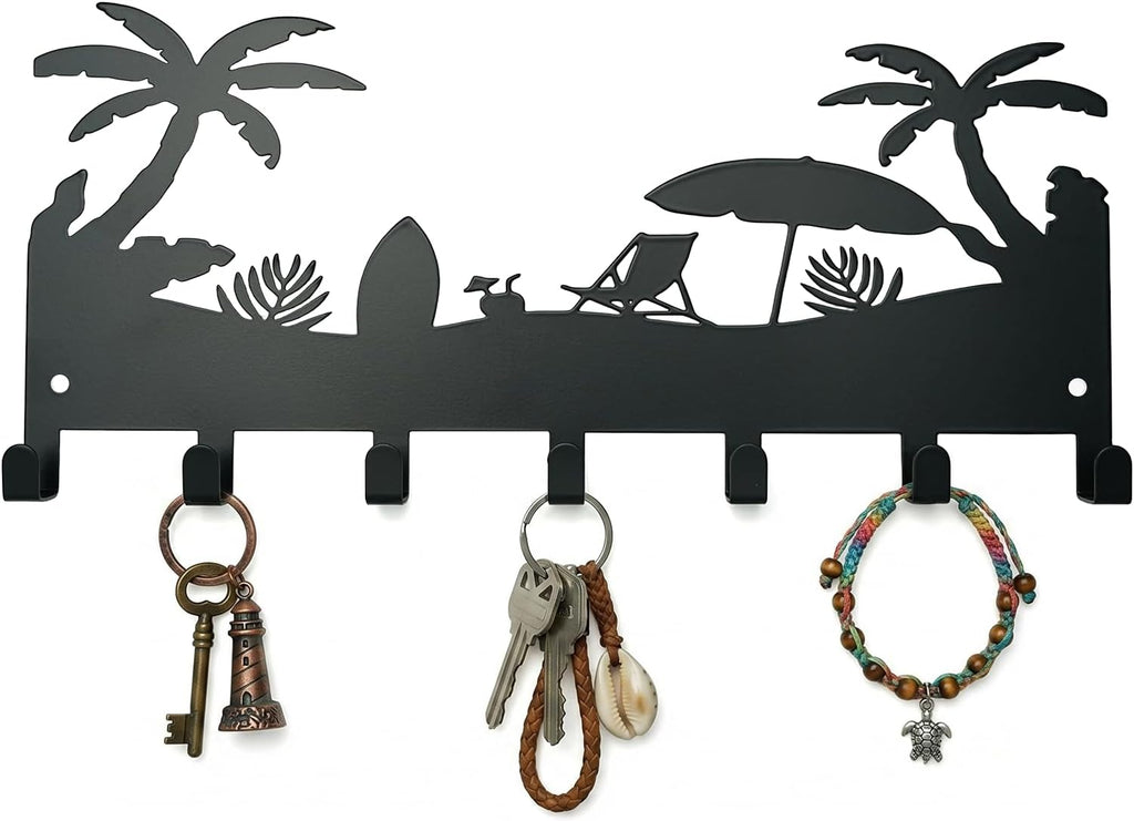 Coastal Metal Palm Tree Key Holder Wall Mount, Tropical Beach Key Hanger
