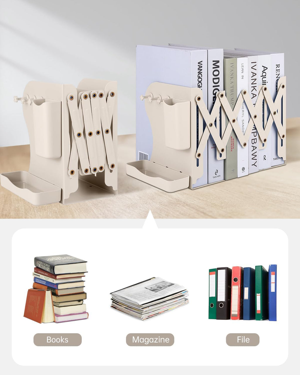 Honagu Adjustable Bookends, Metal Book Ends for Shelves Heavy Book, Bookend for Home, Office, Books, Papers, Book Stopper with Removable Hook, Pen Holder, Gifts for Students, Teachers（Milky White）