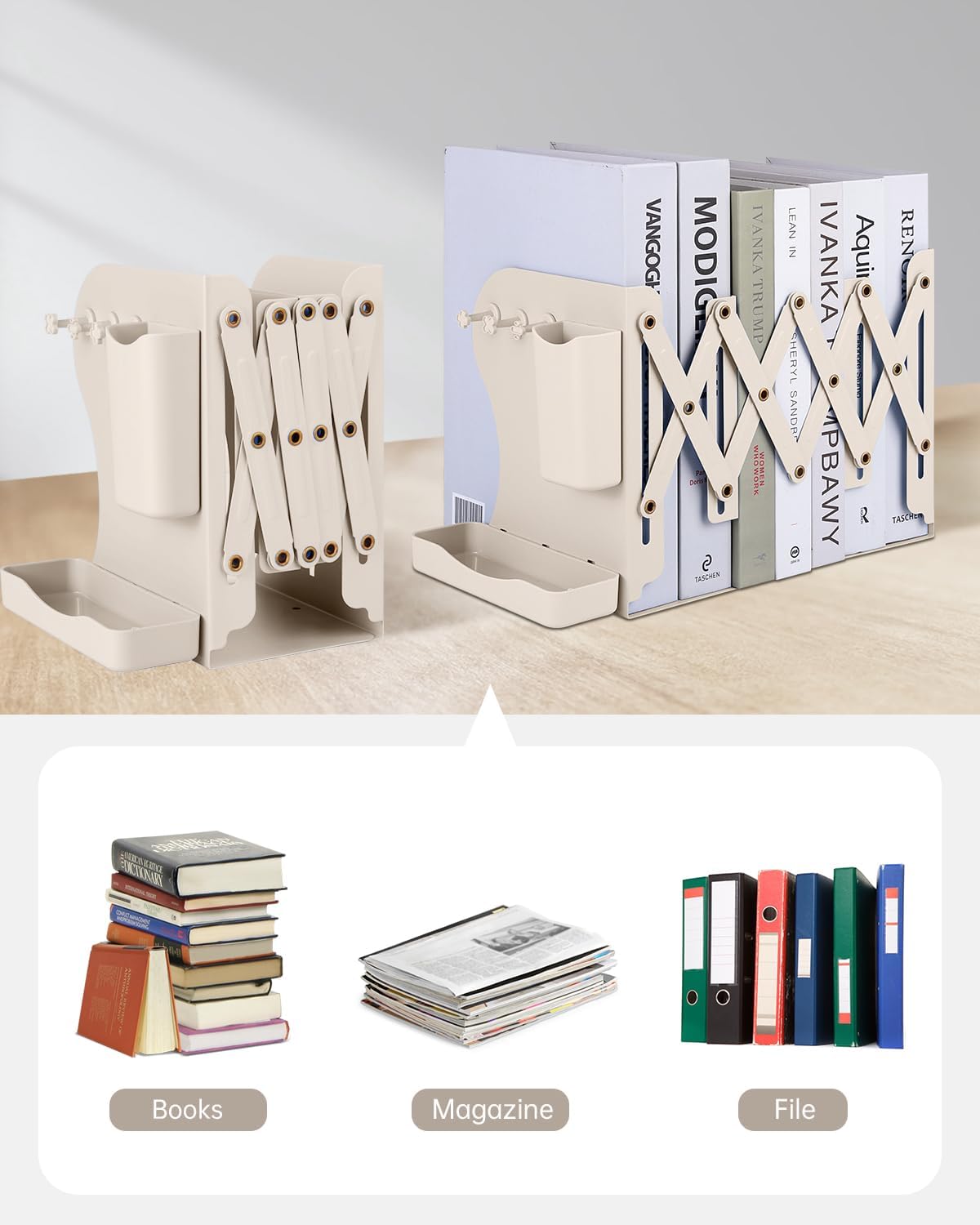 Honagu Adjustable Bookends, Metal Book Ends for Shelves Heavy Book, Bookend for Home, Office, Books, Papers, Book Stopper with Removable Hook, Pen Holder, Gifts for Students, Teachers（Milky White）