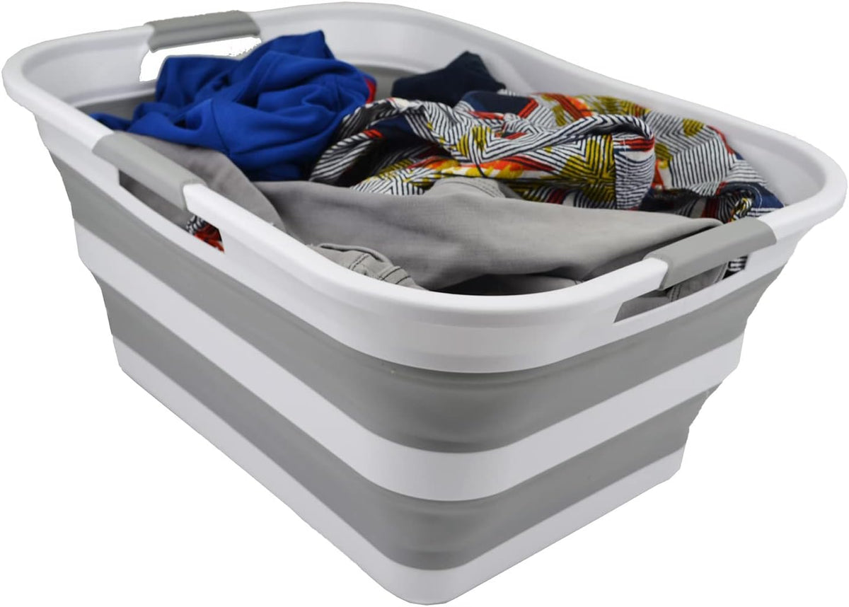 SAMMART 42L (11 gallon) Collapsible Plastic Laundry Basket - Foldable Pop Up Storage Container/Organizer - Portable Washing Tub - Space Saving Hamper/Basket (White/Grey)