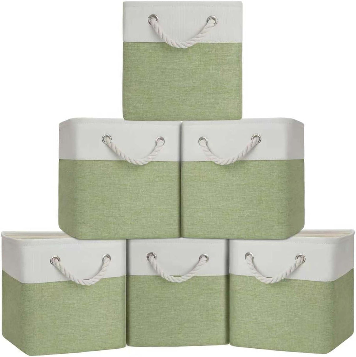Cube Storage Bins, Collapsible Fabric Storage Cubes Bins, 11 Inch Cube Storage Bins with Handles, Foldable Storage Cubes (White/Green, 6Pack)