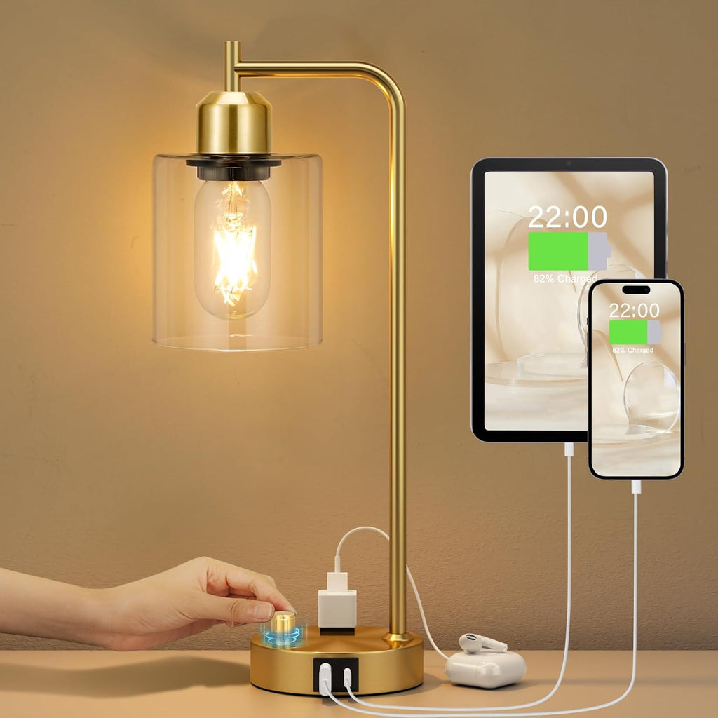 Innqoo Gold Table Lamp for Bedroom - Industrial Bedside Lamp with USB Port and Outlet, Fully Dimmable Nightstand Lamp with Clear Glass Shade, Small Desk Lamps for Home Office