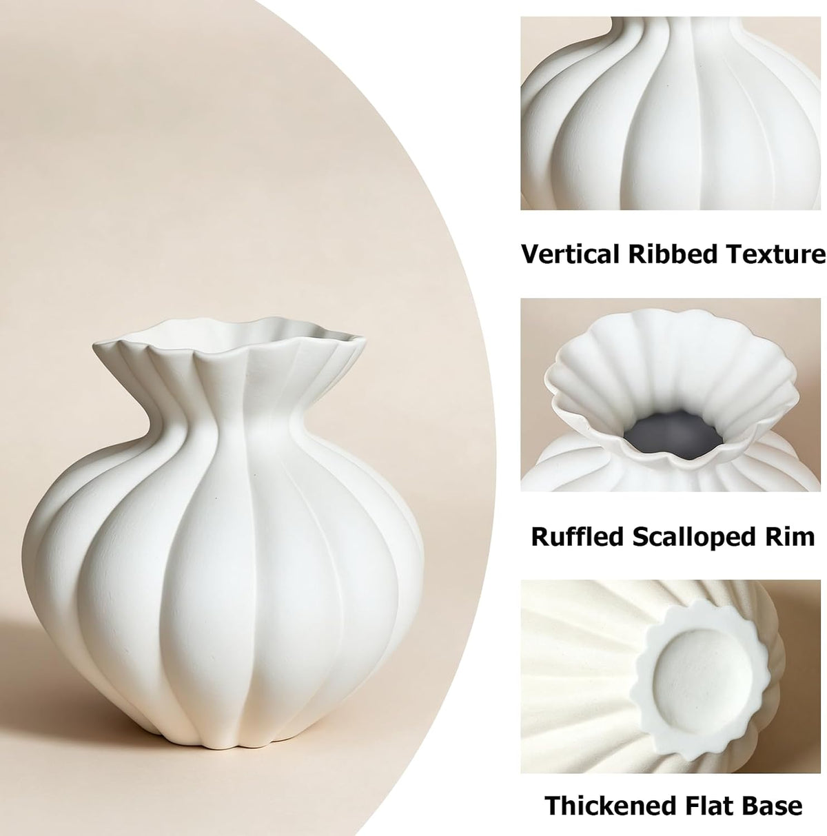 Ceramic Vase, Modern Boho White Flower Vase for Home Decor, Unique Vase for Farmhouse Living Room Cabinet Table Centerpieces Wedding Decorations (Extra-Wide-White)