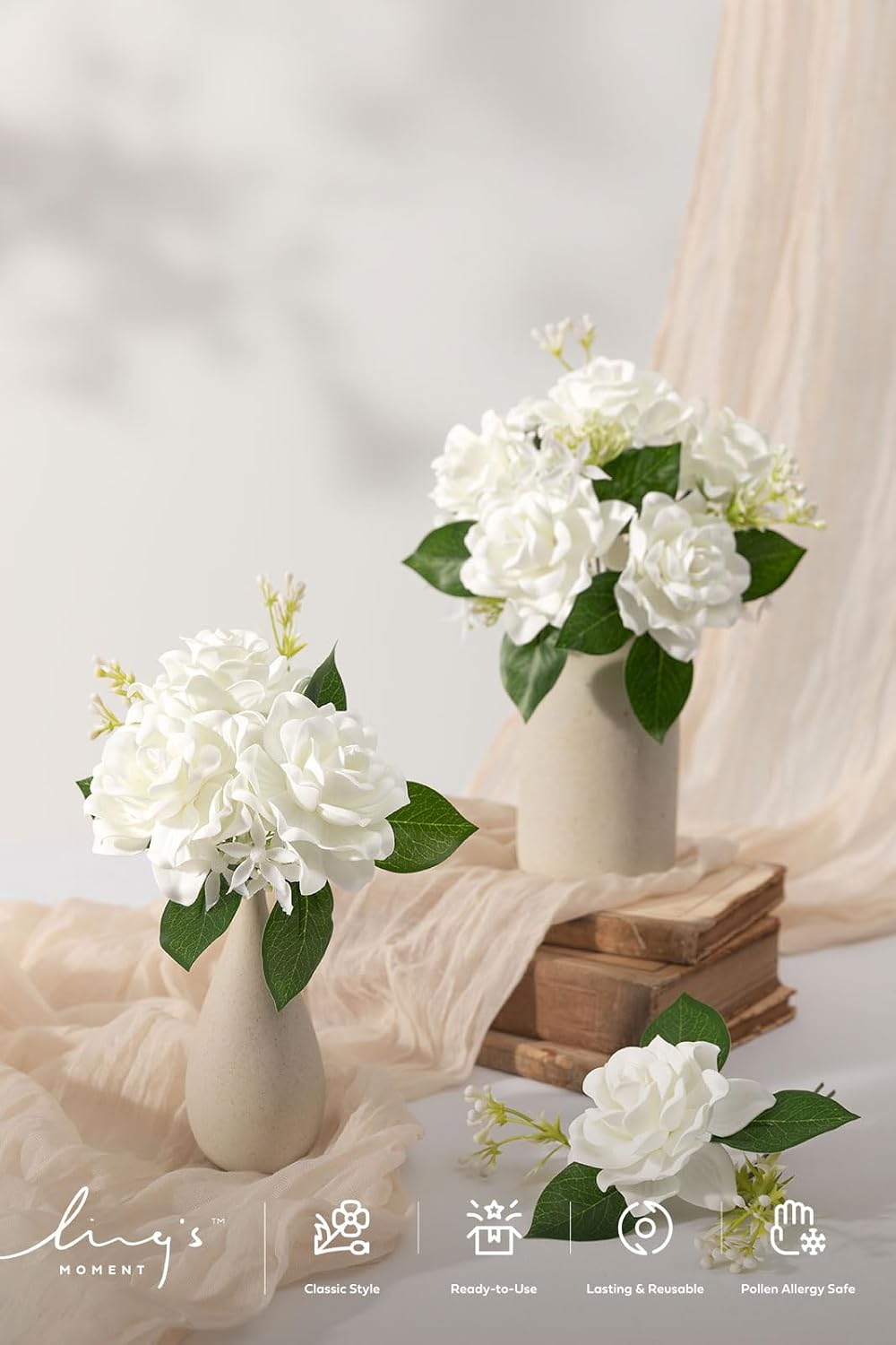 Ling's moment White Artificial Gardenia Flowers with Stems, 25 pcs
