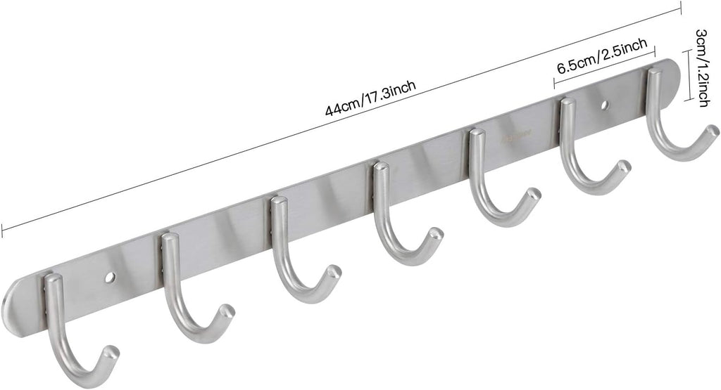 Towel Hook Rack Brushed Nickel - Sagmoc 17-Inch Coat Hook Rail Wall Mounted with 7 Round Hooks, Durable Wall Hangers for Bedroom, Bathroom, Foyer, Hallway (304 Stainless Steel)