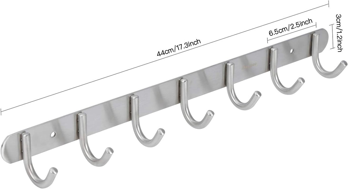 Towel Hook Rack Brushed Nickel - Sagmoc 17-Inch Coat Hook Rail Wall Mounted with 7 Round Hooks, Durable Wall Hangers for Bedroom, Bathroom, Foyer, Hallway (304 Stainless Steel)