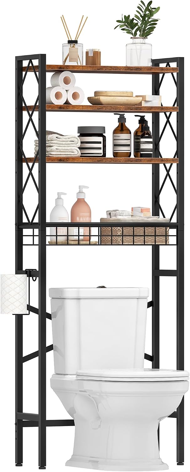 CHOEZON Over The Toilet Storage Rack, 4-Tier Bathroom Organizer Shelf, Over Toilet Storage with Wire Basket and Toilet Paper Holder, Adjustable Shelves, for Bathroom, Rustic Brown and Black TTS03BF
