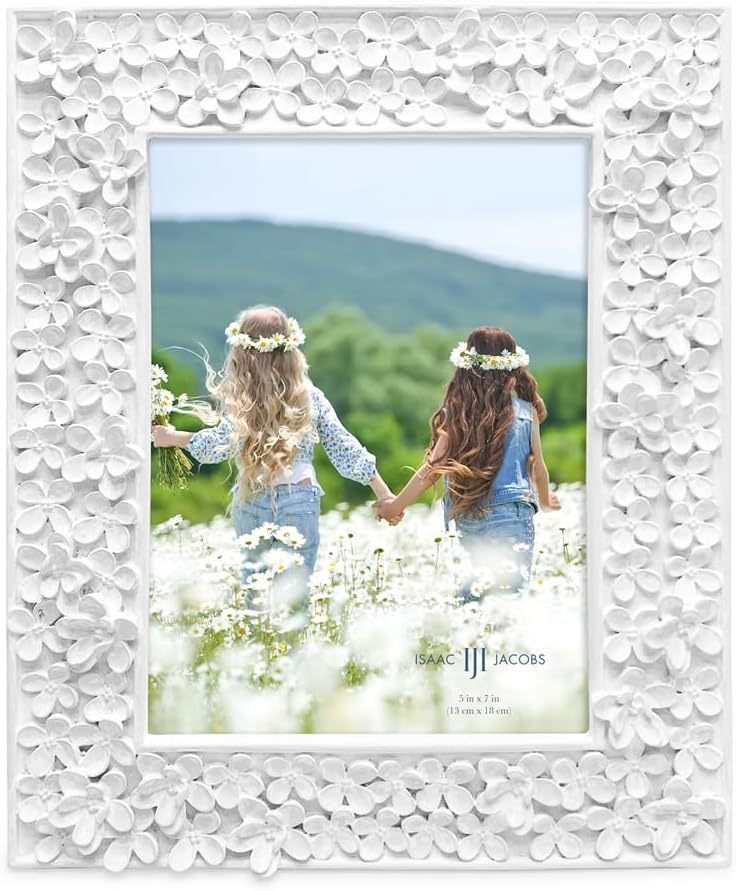 Isaac Jacobs 5x7 White Flower Textured Hand-Crafted Resin Picture Frame