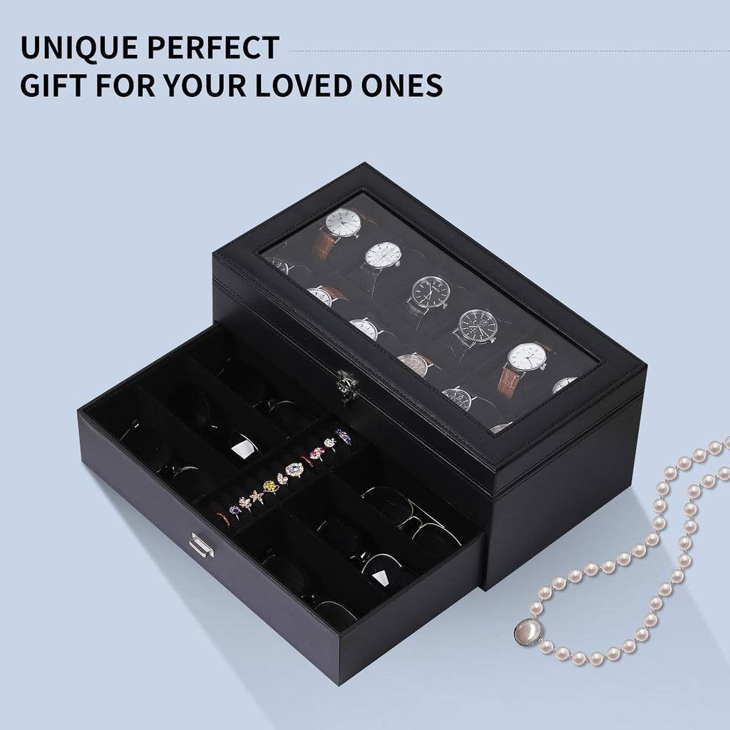 AUTOARK Leather & Velvet Watch Box & Sunglass Organizer,Black,MKAW039