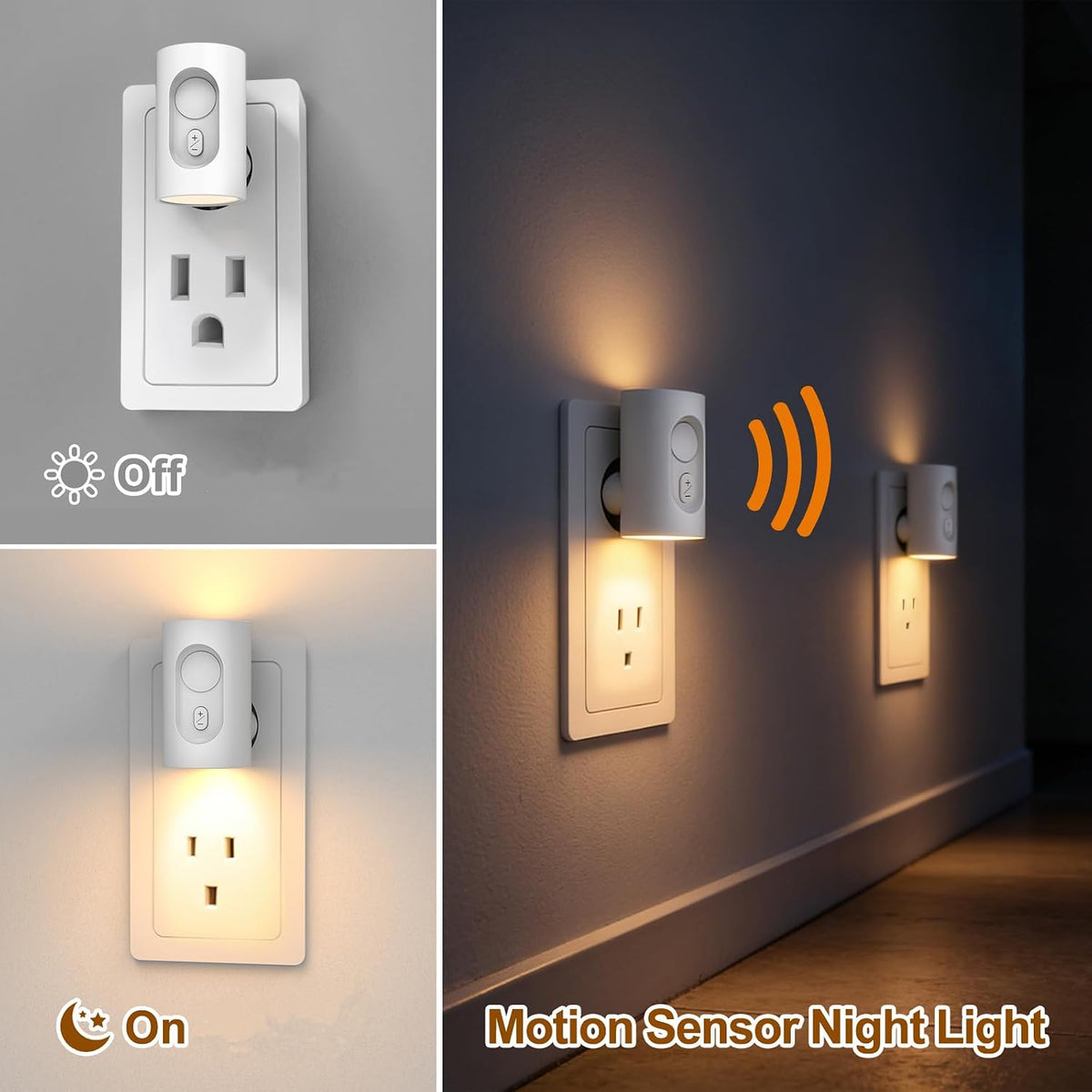 Plug in LED Night Light, Motion Sensor, Warm White Dimmable, White 2 Pack