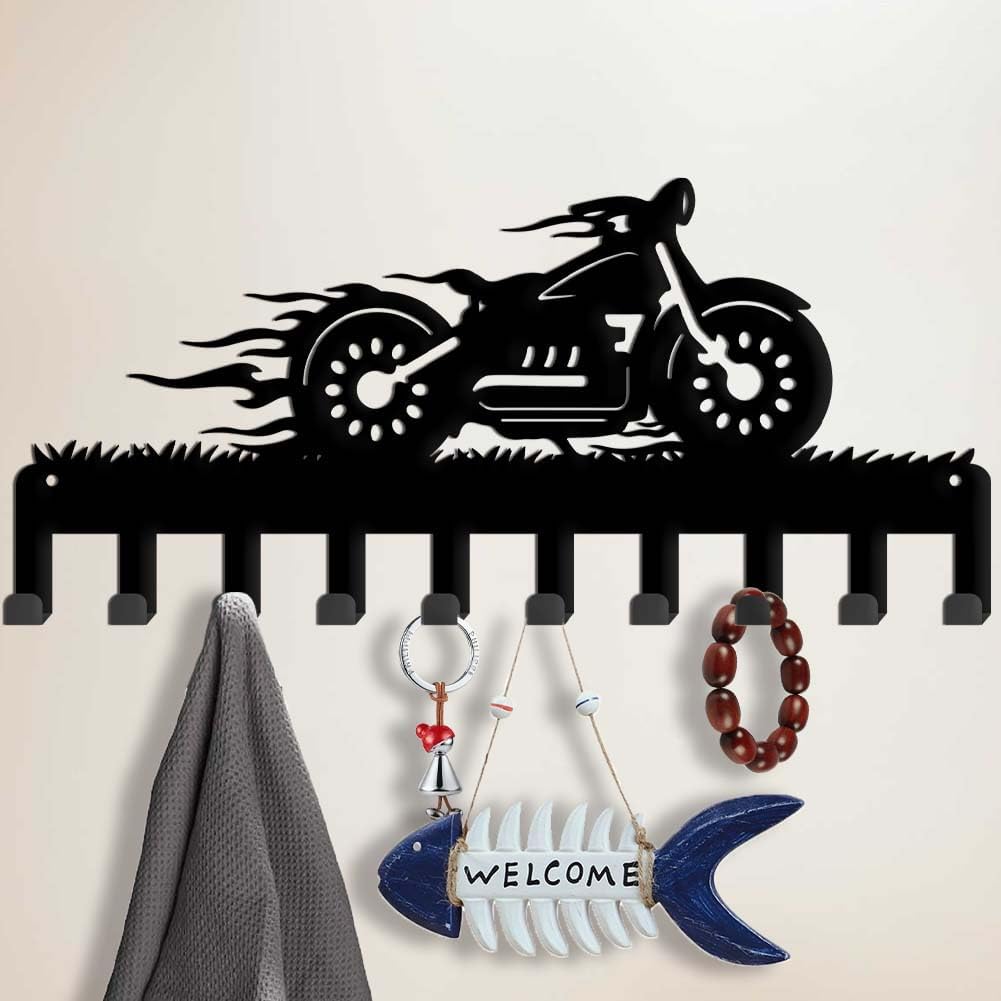 SUPERDANT Motorcycle Metal Key Holder Metal Hook Rack Motorcycle Flame Wall Mounted Key Organizer Decorative Home Storage Hat Cloth Living Boy Room Door Home Wall Decoration 33×15cm