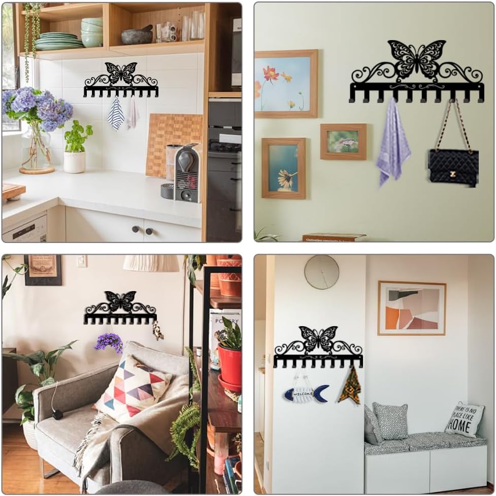 SUPERDANT Butterfly Metal Key Hook Curly Pattern Decorative 10 Hooks Black Key Hanger Organizer Wall Hanging Hooks Personalized Holder Rack Dog Leash Hanger for Home Wall Front Door 13x5.9in