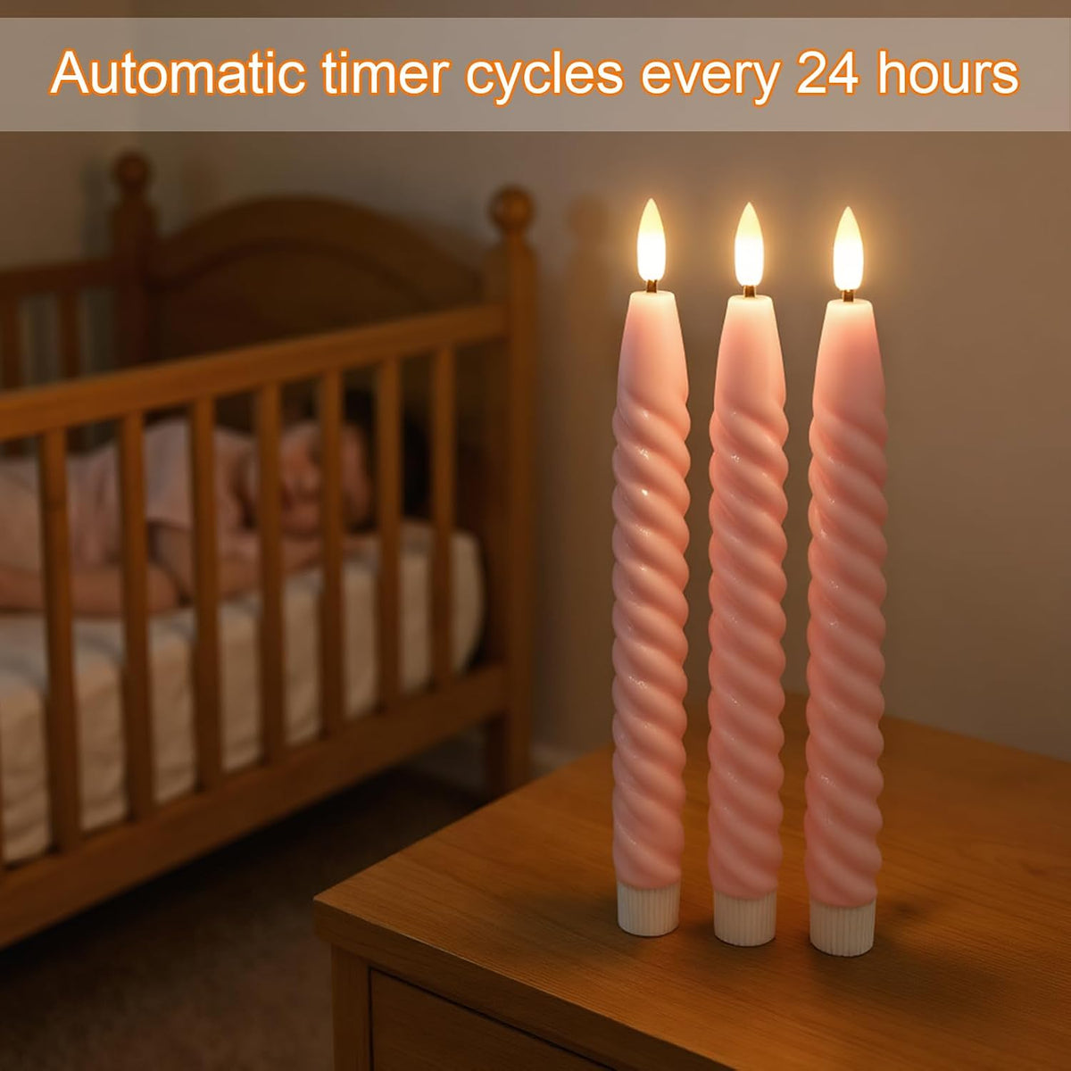 Pink Flameless Taper Candles Flickering with Remote Timer