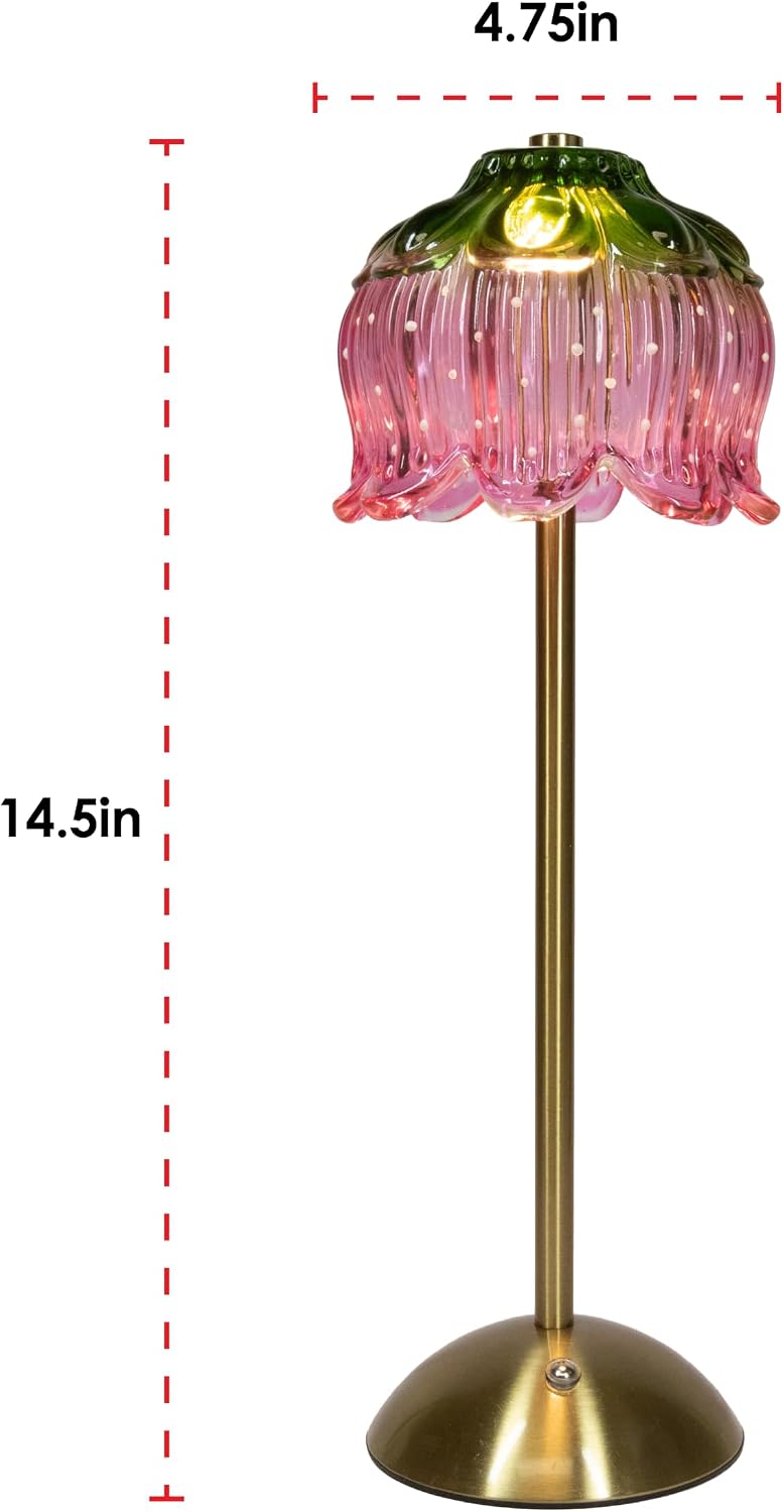 Strawberry Shortcake Touch Lamp- Pink Glass Strawberry Shade, USB-C Rechargeable, 3 Dimmable Light Temperatures, LED Desk Lamp, Brush Brass Base & Pole, Cute Décor for Girls' Bedroom (Pink)
