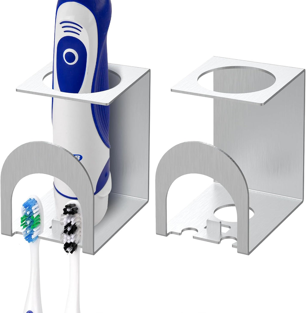 Linkidea 2 Pack Electric Toothbrush Holder Wall Mounted, Stainless Steel 3 in 1 Brush and Toothpaste Cup Holder, Self Adhesive Organizer for Bathroom Shower